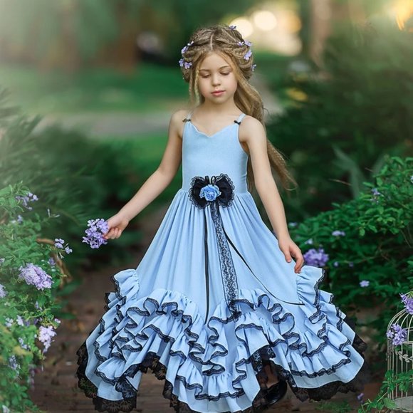 NWT Dollcake Thousand Words Frill Dress Frock Maxi Blue Flower Girl Party sz 6 - Picture 1 of 5